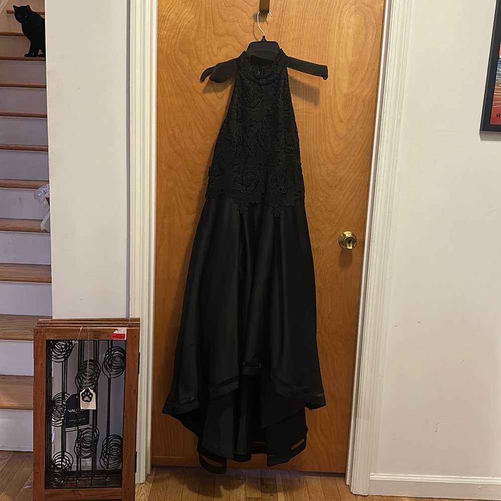 NWT Nicole Miller Size 12 Black Formal High Low Halter Dress Gown Lace Bodice